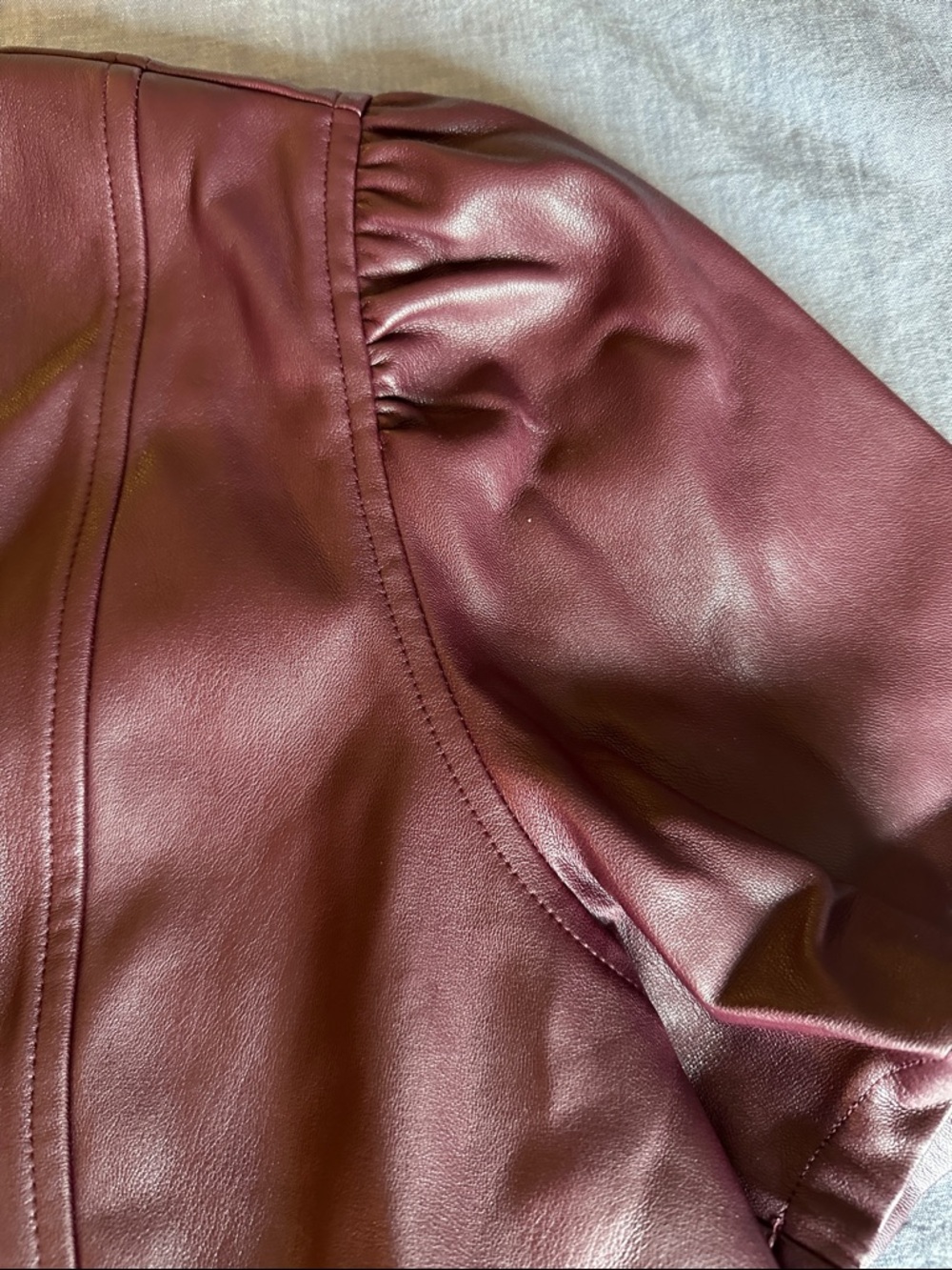 Ann Taylor Burgundy Faux Leather V-Neck Peplum Blouse - Picture 4 of 5